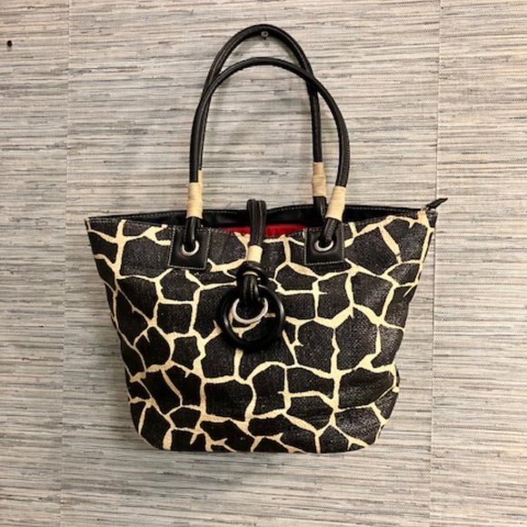 SONDRA ROBERTS SQUARED - Giraffe Print Tote Straw Handbag - Great Condition - Picture 1 of 16